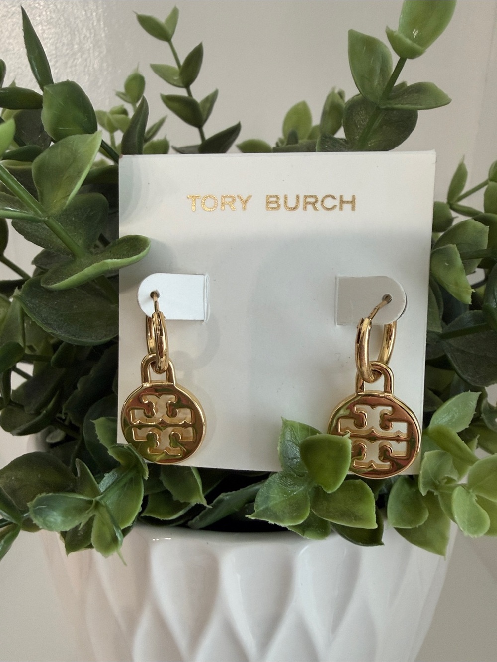 Tory Burch Gold-Tone Logo Hoop Drop Earrings